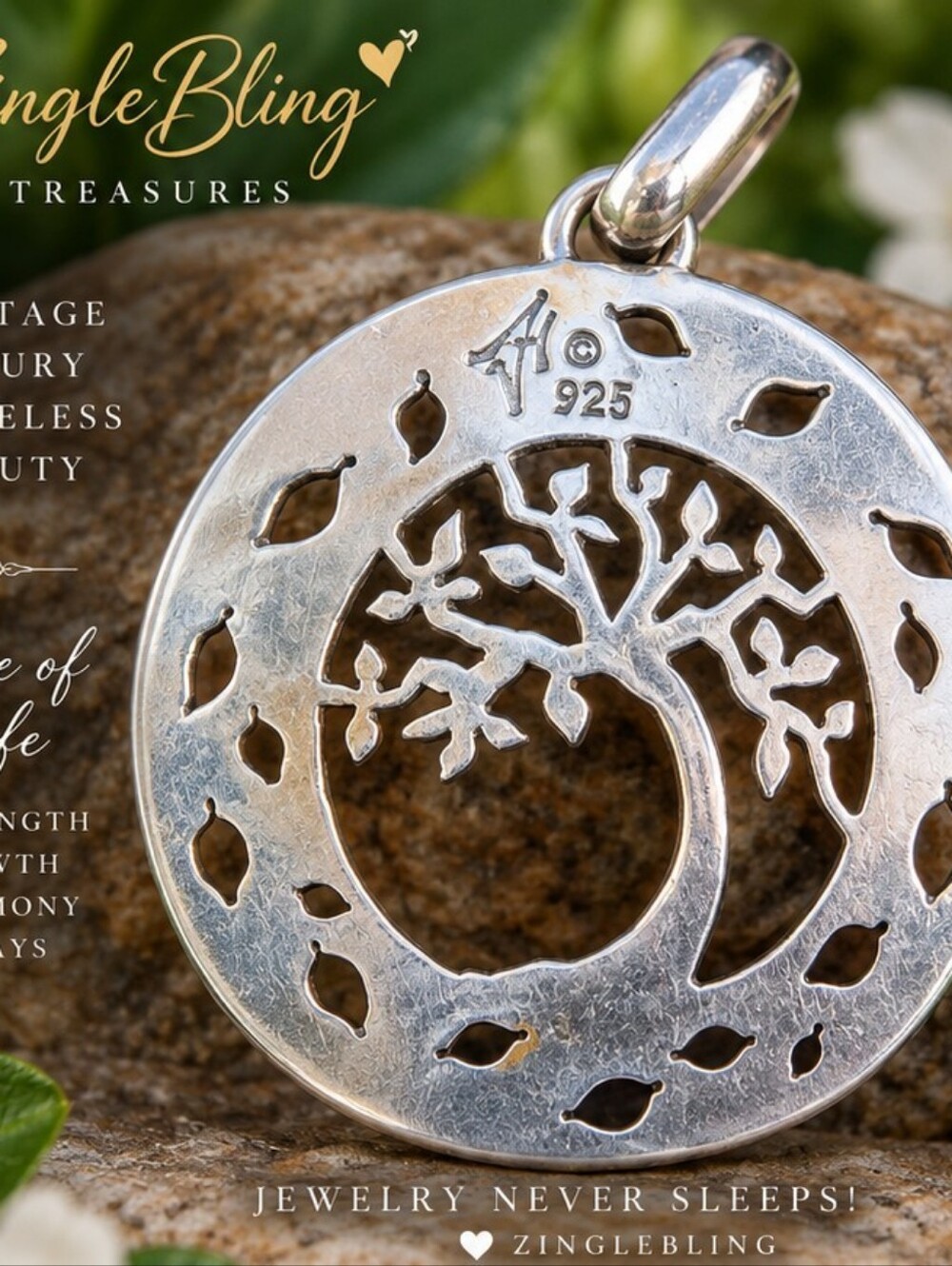 Peter Stone 925 Sterling Silver Tree of Life Pendant 10g Estate Jewelry
